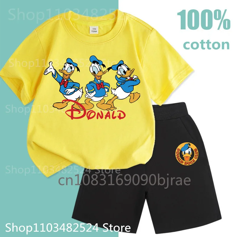 Summer Fashion Kids Donald Duck Disney Pattern Print 100% Cotton T-shirt Sets Trend Boy Round Neck Short Sleeve Girl Casual Sets