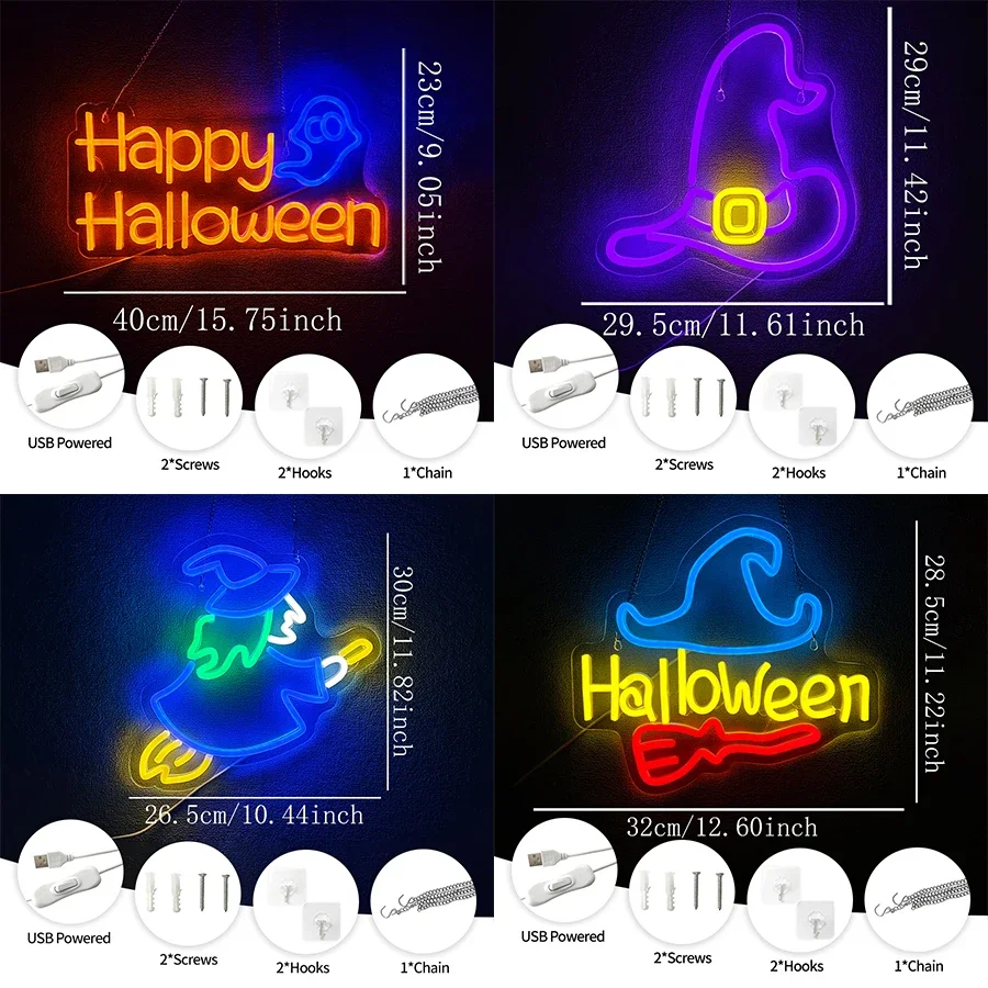 Used For Bedroom, Bar, Man Cave, Game Room, Halloween Party Decor， Witch Hat And Broom Gothic Icon,Halloween Led Neon Sign