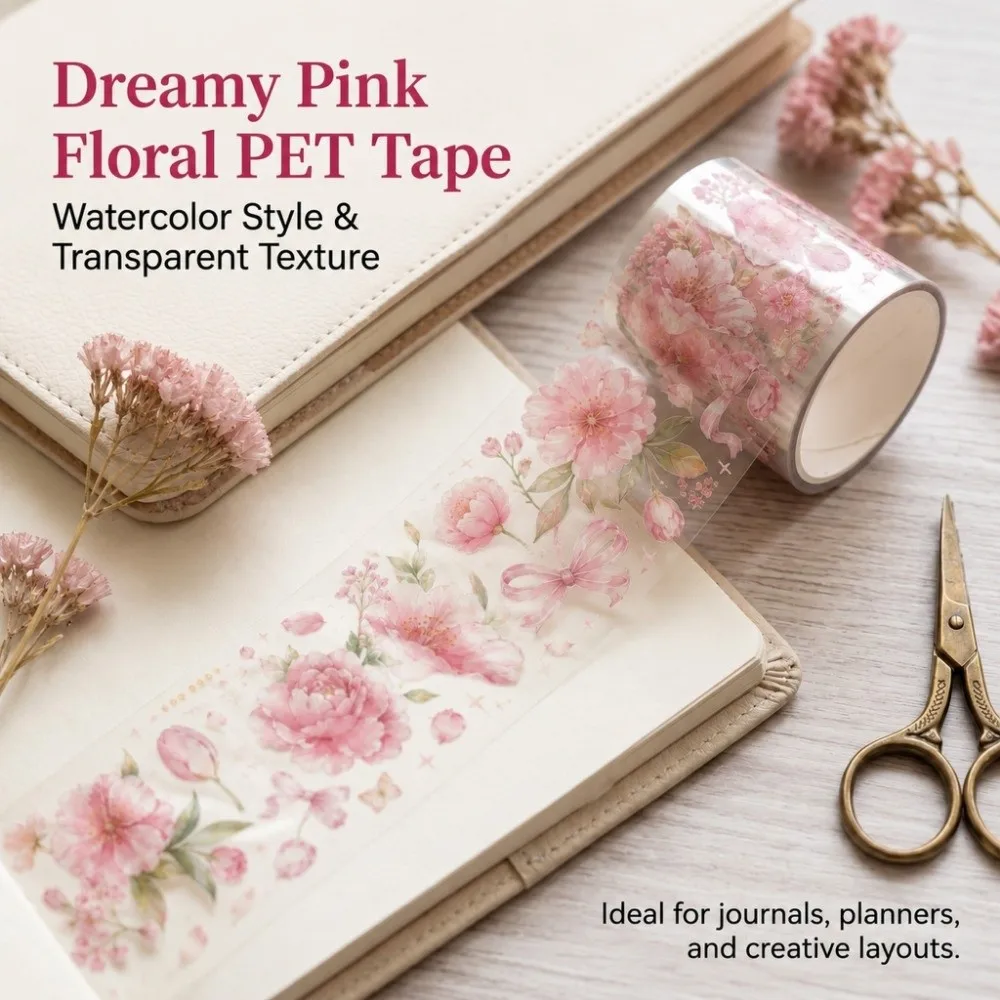 School Supplies DIY Flower PET Tape Transparent Bow Floral Sticker Tape Butterfly Journal Decoration Washi Tape DIY