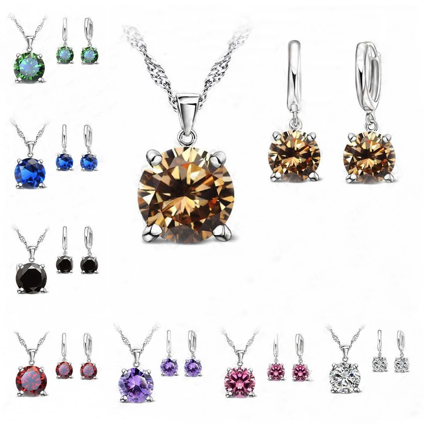 Hot Selling 925 Sterling Silver Jewelry Sets 4 Claws Cubic Zirconia CZ Pendant Necklace Earring Fashion Jewelry For Women