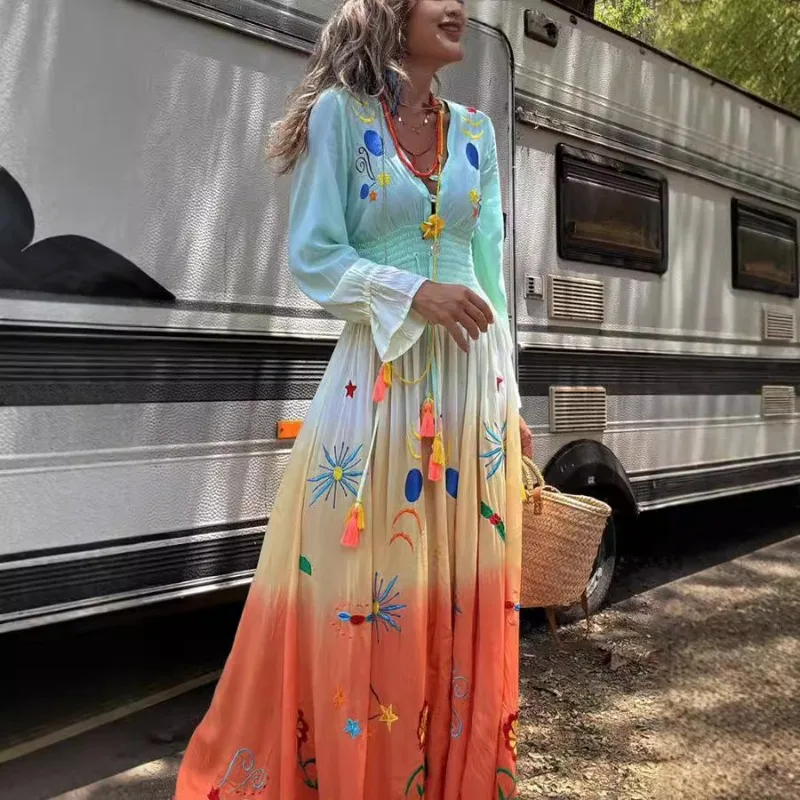 Abito Boho plissettato Abiti da vacanza Corsetto da donna Abito lungo da vacanza bohémien Manica lunga svasata sexy Scollo a V Vita elastica