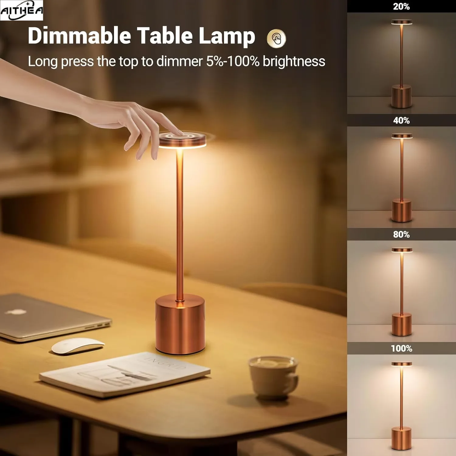 AITHEA Type C Rechargeable LED Table Lamp Touch Switch Bedside Night Light Portable 3 Color Desk Lamp for Club Bar Room Outdoor