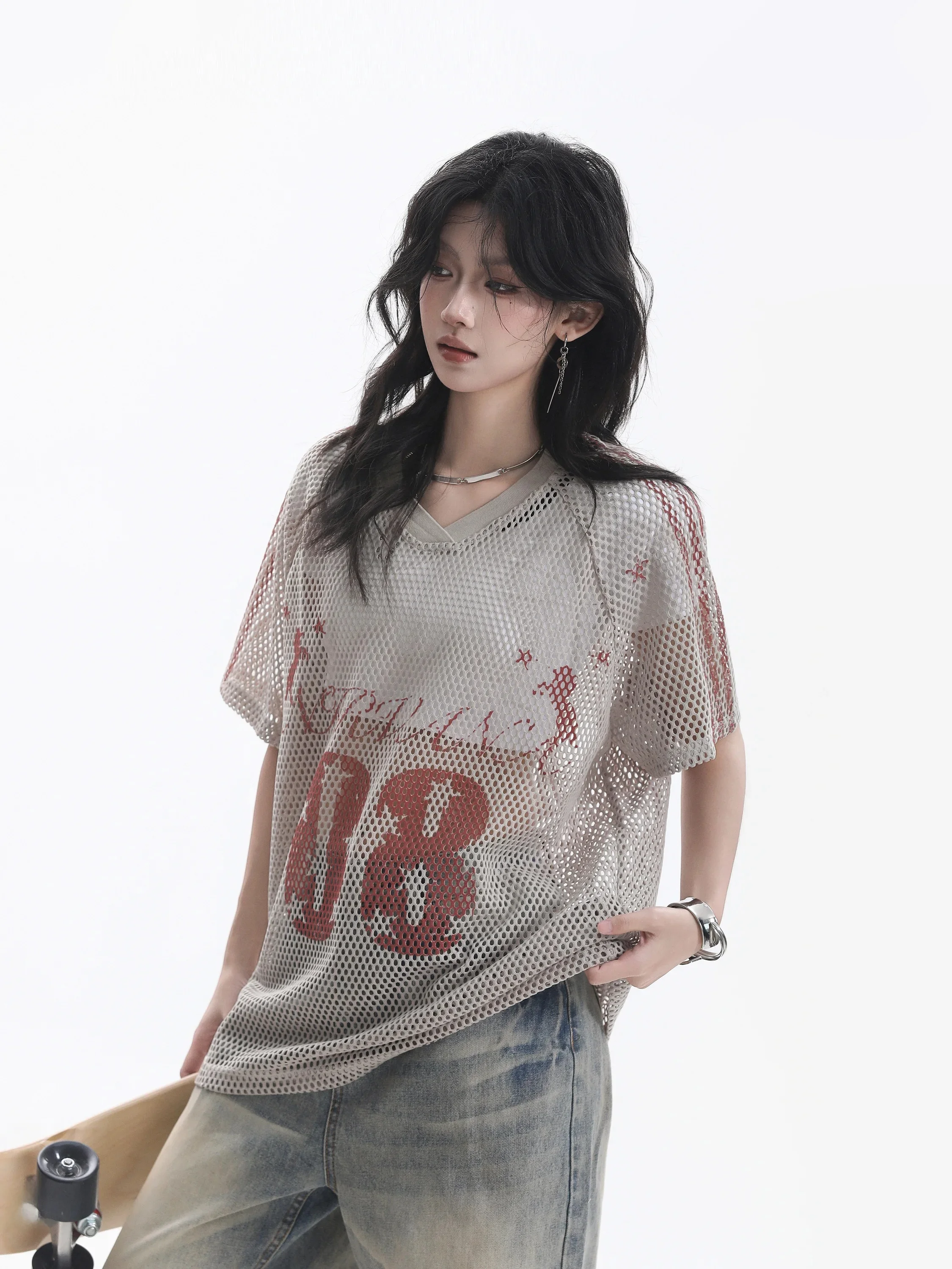 American Style Oversize Short Sleeve Transparent Skin Ball Shirt Style Versatile Neutral Top Small Ball Ball Casual T-shirt