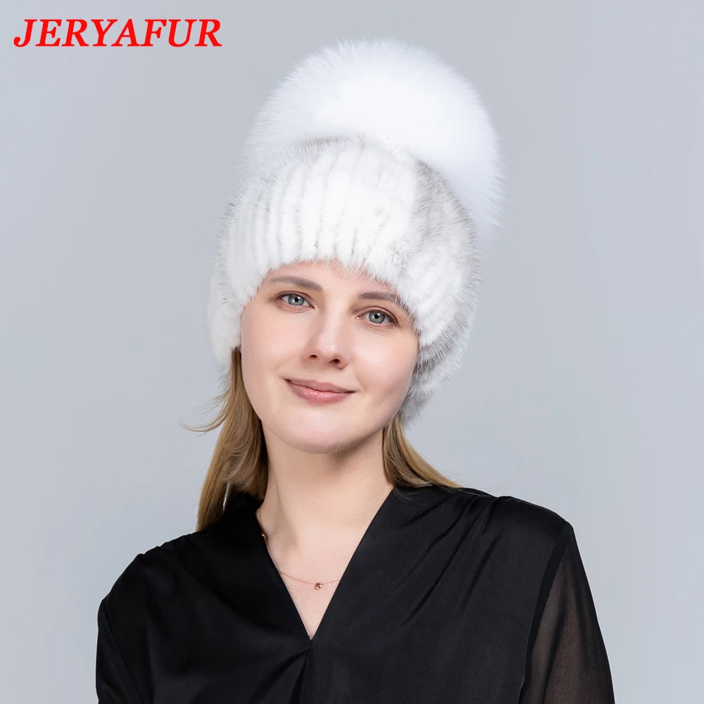 JINBAOSEN Real Mink Fur Hat for Winter Women Imported Knitted Mink Cap with Fox Fur  New Hot Sale High Quality Women Beanies