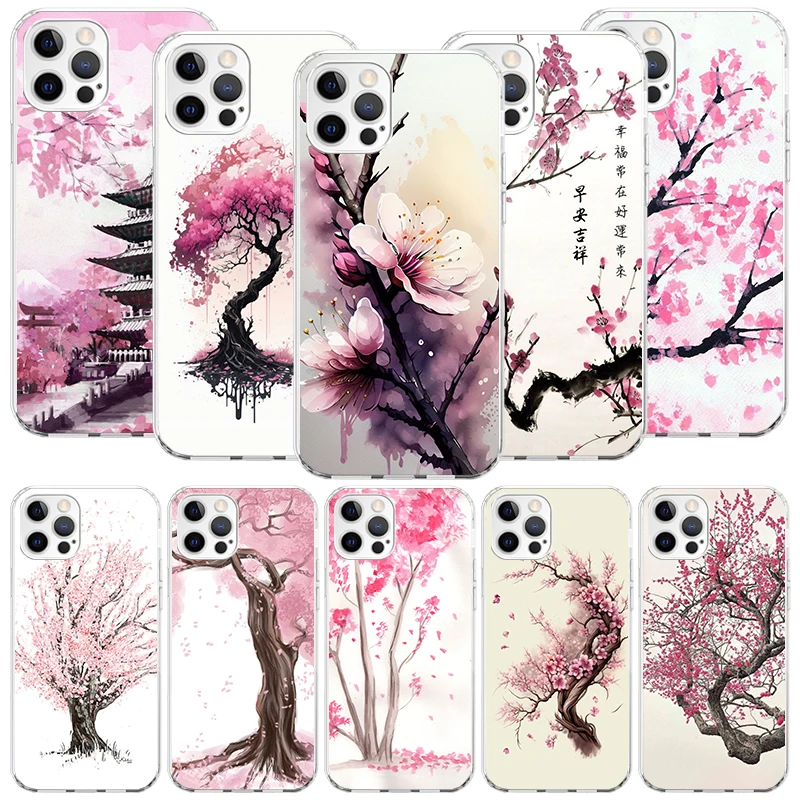 Cherry Blossom Tree Phone Case For iPhone 16 15 Plus 11 14 Pro Max 13 12 Mini XS X 7 8 + SE Pattern Customized Couqe Cover 11 12