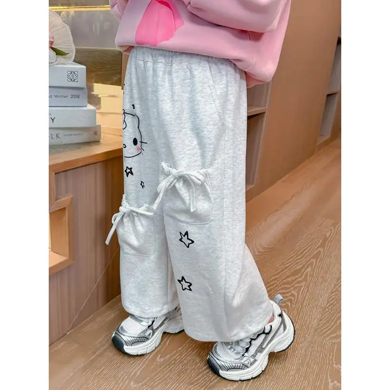 Pantalones informales para niñas, pantalón de chándal holgado Kawaii Kt Cat Catoon, pierna ancha, Pantalones rectos versátiles, pantalones largos deportivos para niños, otoño