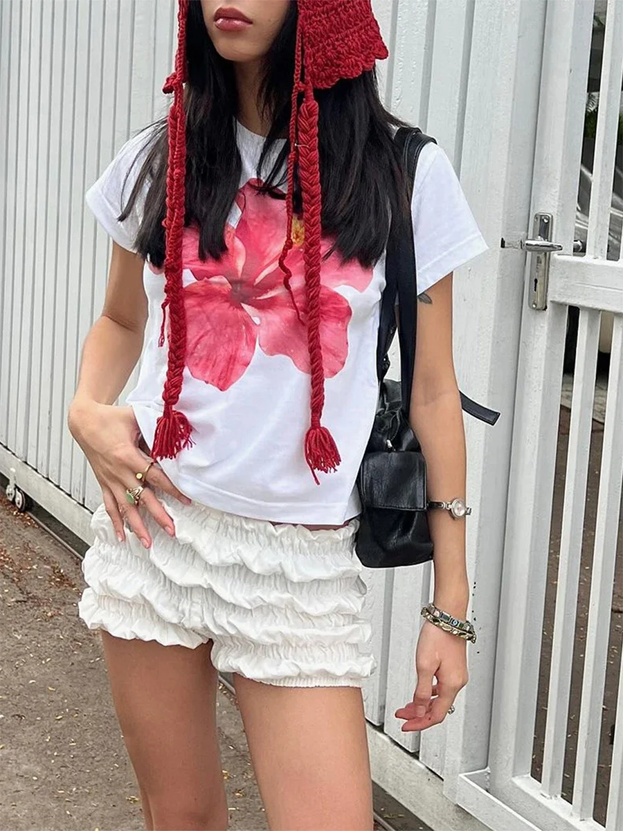 

White Short for Women 2024 Summer Casual Low Rise Shorts Elastic Waistband Solid Color Ruched 2000s Streetwear Slim Shorts