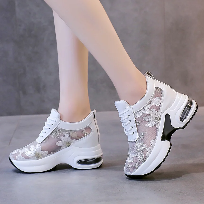 Fashion Flower Embroidered Mesh Breathable Ladies Wedge Platform Sneakers High Heels Lace-Up Shoes Comfortable Height Increasing