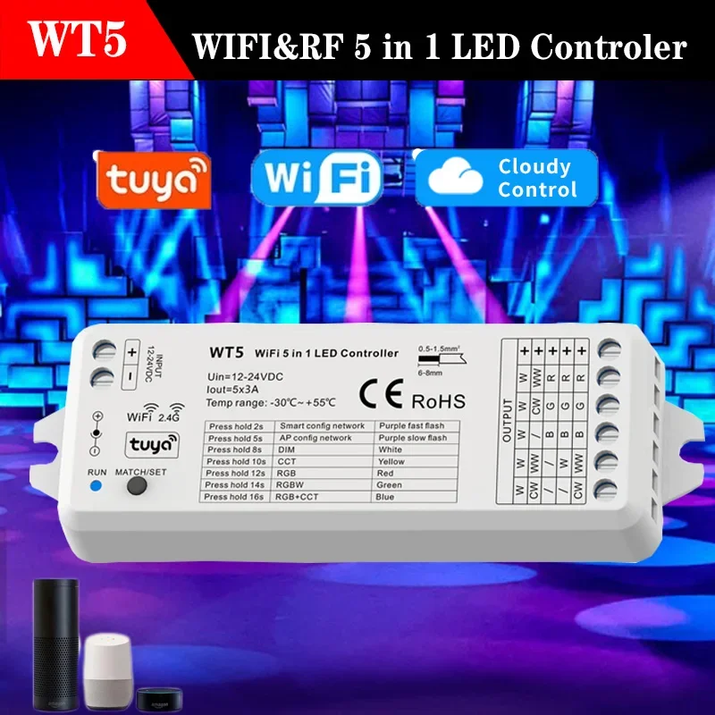 Controlador de tira de luz Led inteligente 5 en 1, DC12-24VTuya, WT5, WIFI, RGBCCT/RGBW/RGB/CCT/atenuador, 2,4G, RF