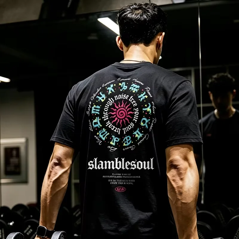 2026 New Y2K Streetwear Oversized Gym Slamblesoul Zodiac Sun Print Pattern High-Quality Casual Unisex Summer Cotton T-Shirt