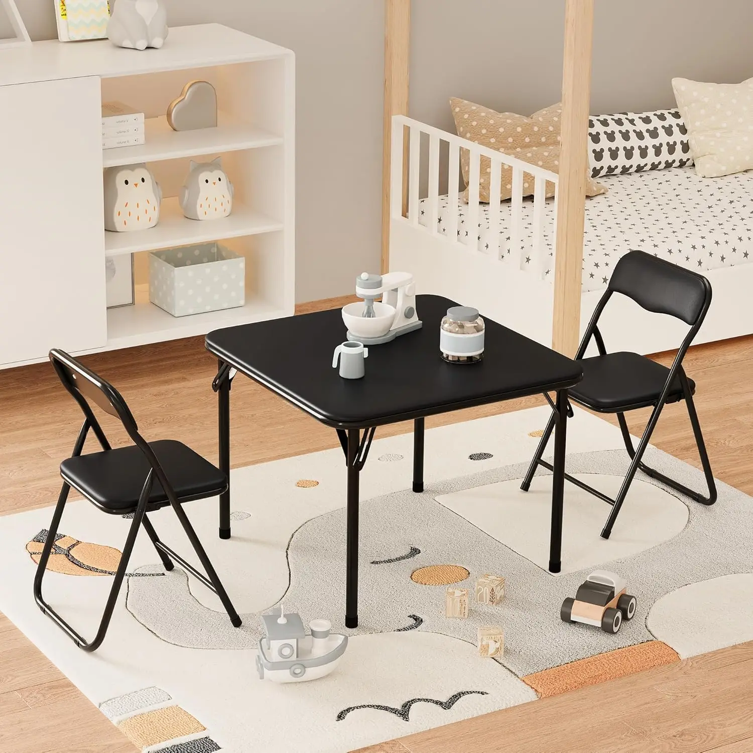 

Boys and Girls Folding Table and Chairs Set of 3, Portable Table and Chair with Pu Soft Cushion, For Eating,Reading and Playing