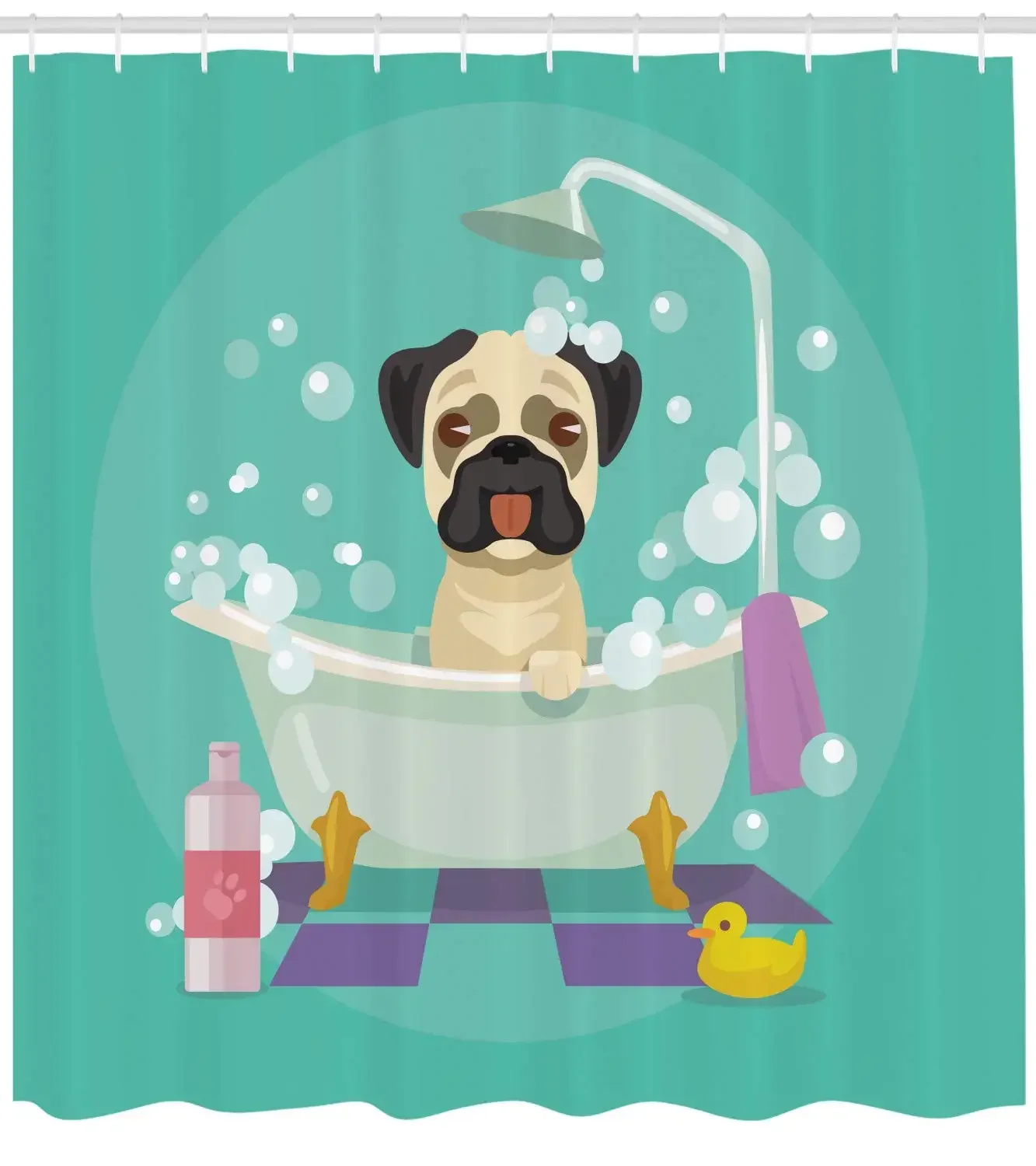 Nursery Decor Collection Pug Dog in Bathtub Grooming Doggy Puppy Salon Service Shampoo Rubber Duck Shower Curtain