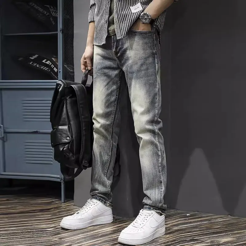 Hombrefashion Men's Stretch Slim Fit Jeans Nostalgic Washed Blue Retro Pants for Fashionable Look