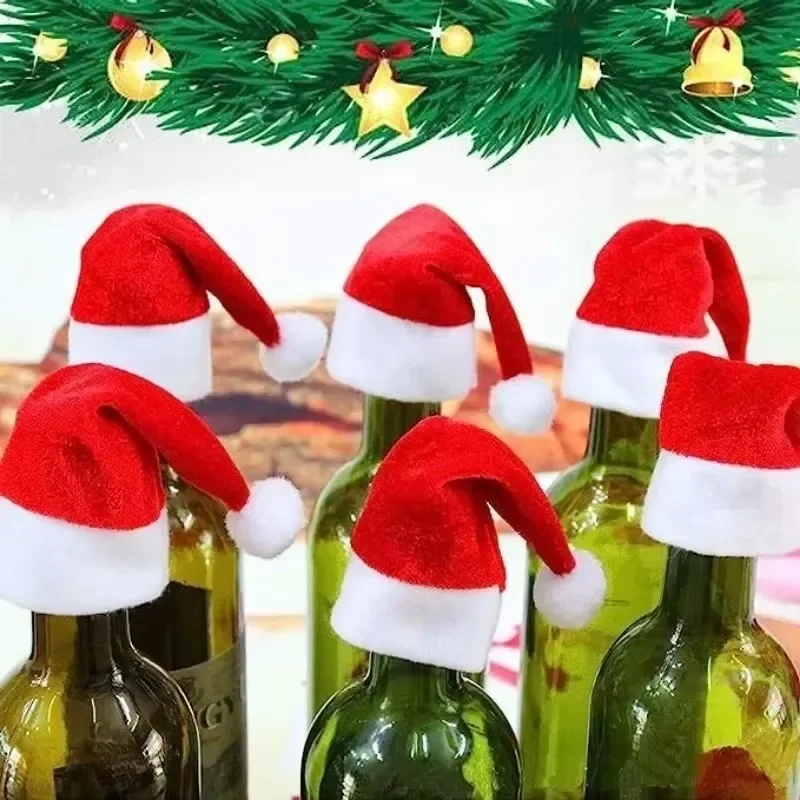 200/2Pc Mini sombrero de Papá Noel, tapas de piruletas de tela no tejida, cubiertas para botellas de vino de Navidad, soporte para botellas de Navidad, decoraciones para mesa y cena