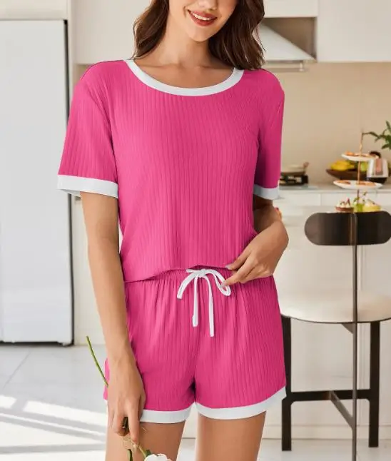 

Summer Classic Casual Home 2-Piece Fashion Color Blocked Round Neck Pit Strip Short Sleeve T-Shirt Strap Straight Shorts Set