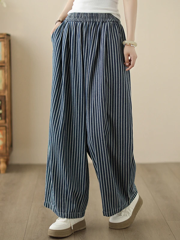 

Художественные свободные широкие повседневные брюки, женские модные синие полоски, удобные утягивающие брюки, винтажные длинные брюки с высокой талией