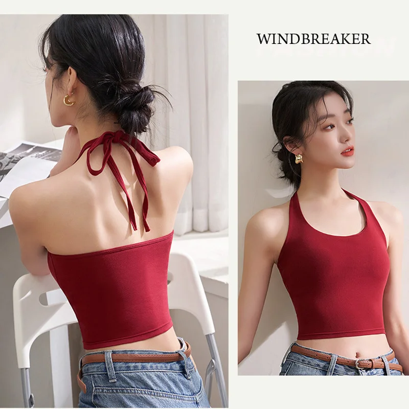 Haut court avec coussretours de poitrine pour femme, bretelles spaghetti, dos licou, sous-vêtements dos beauté, fibrCamisole, Y, 40-60kg