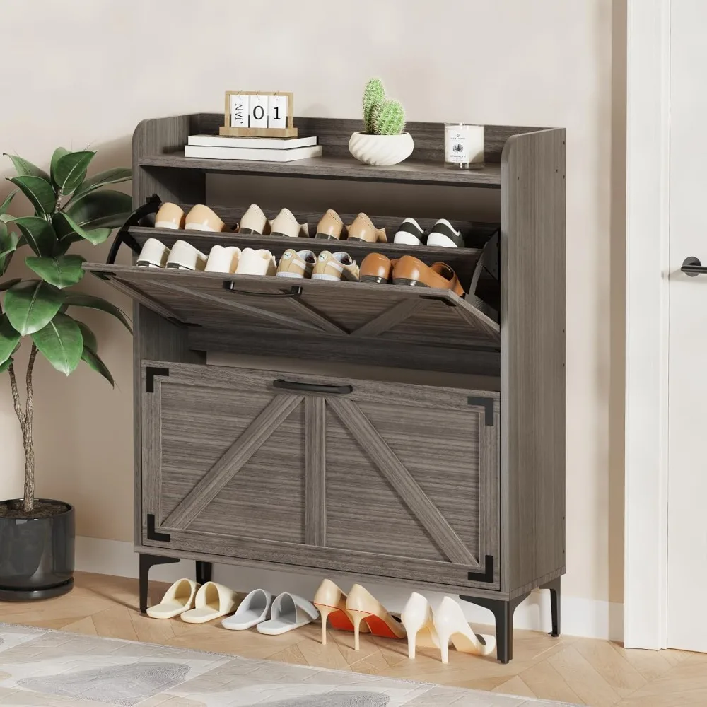 

Shoe Cabinet with 2 Flip Drawers,Shoe Storage Cabinet for Entryway,Freestanding Shoe Cabinet Organizer with Open Storage, Narrow