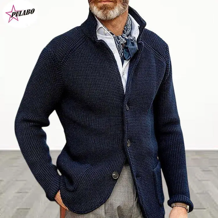 

PULABO Mens Stand Collar Knitted Coat Long Sleeve Sweater Cardigan Jacket Solid Color Thick Warm Casual Cardigan Knitting INS