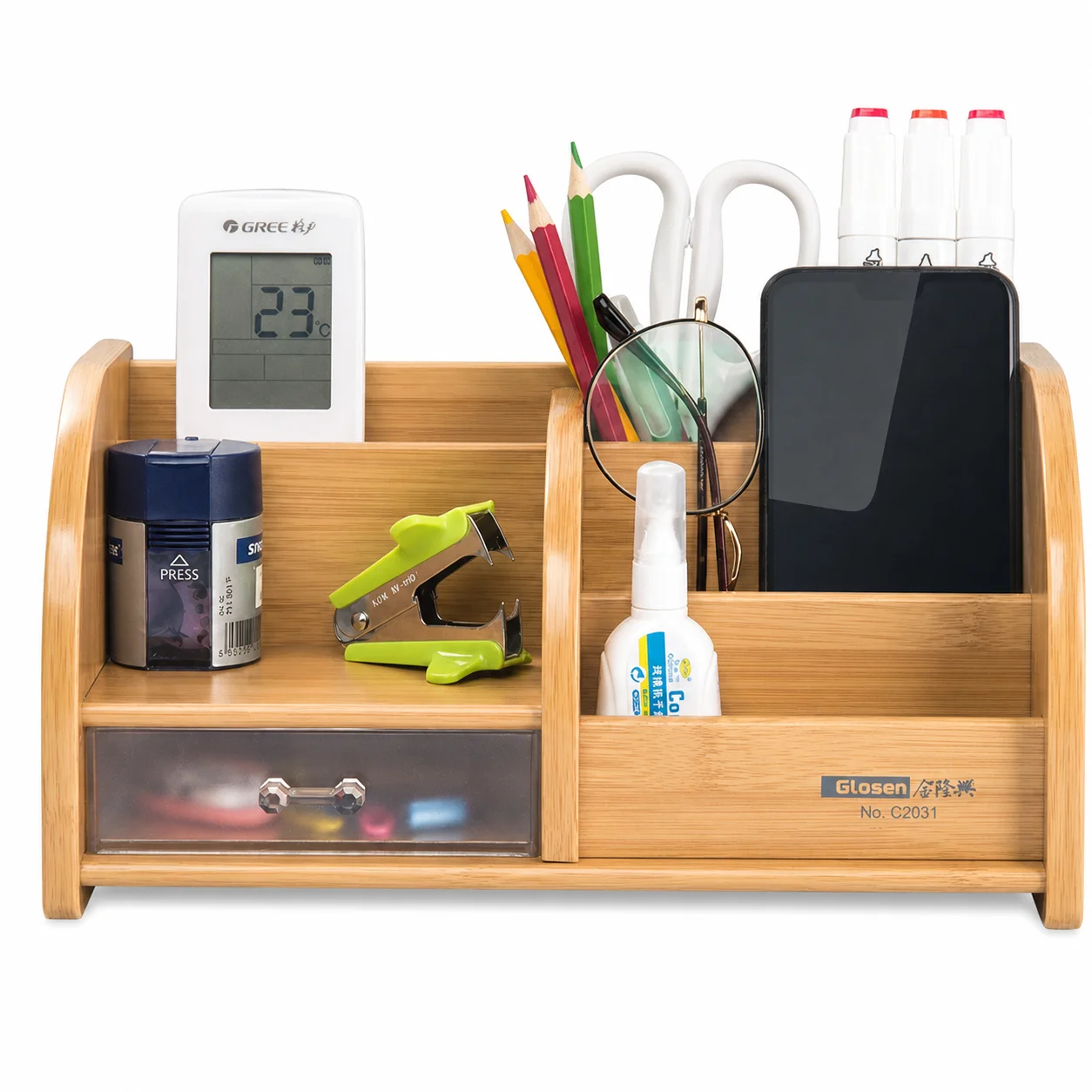 Multi-Compartment Natural Bamboo Pen Holder, Multi-Functional Desktop Storage Organizer For Office School Stationery Supplies