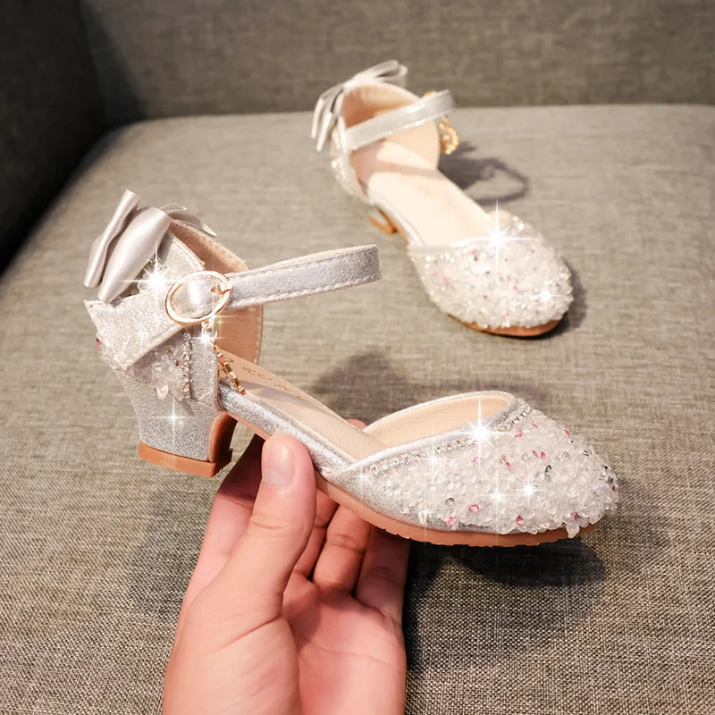 

Summer Princess Kids Leather Shoes for Girls Crystal Casual Glitter Children High Heel Sandals Pink Silver Toddler Dance Shoes