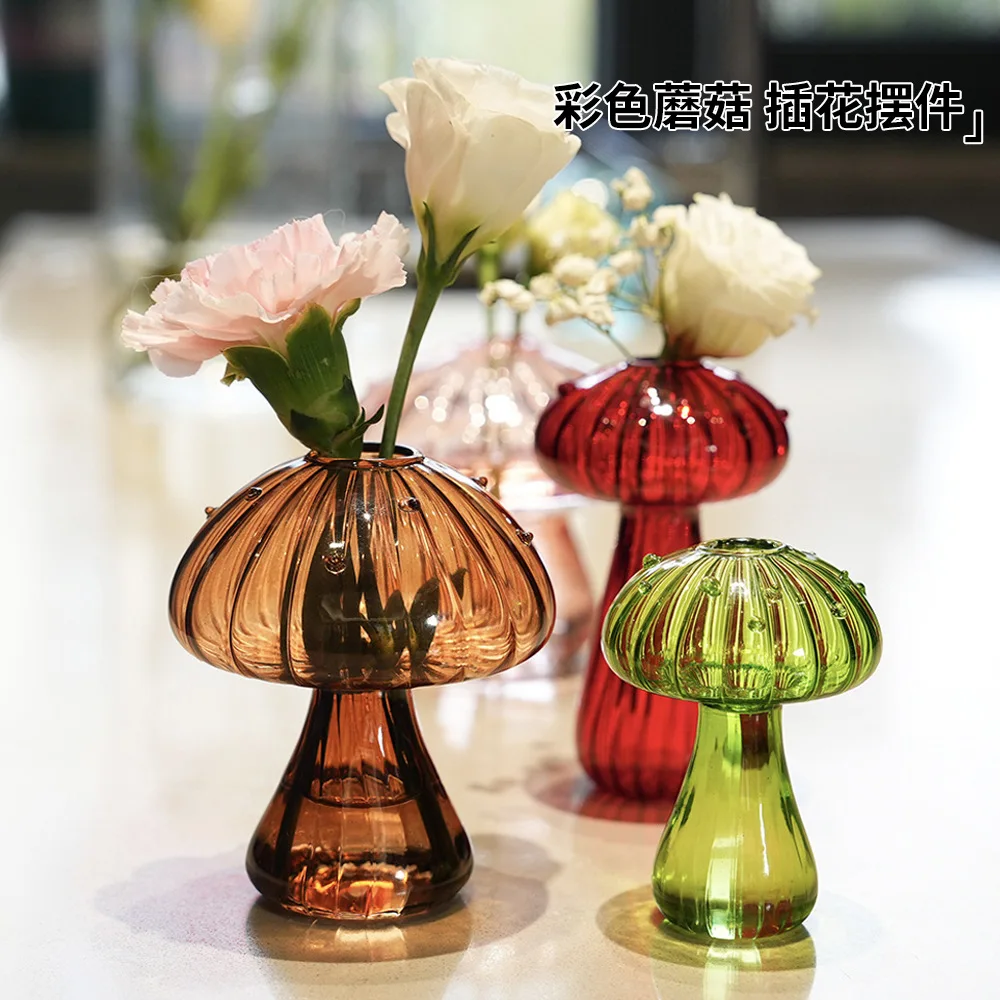 

Creative Colored Mushroom Glass Vase Aromatherapy Bottle Transparent Colored Glass Hydroponic Vase Modern Style Home Decoration