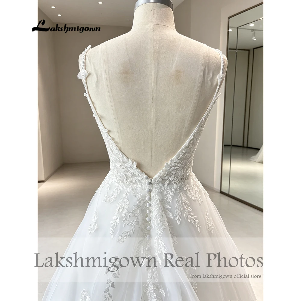 Lakshmigown Hochzeitskleid mit tiefem V-Ausschnitt, perlenbesetzten Spaghettiträgern, bestickter Spitze, Brautkleider, echte Fotos, individuell anpassbar. – Detail 9