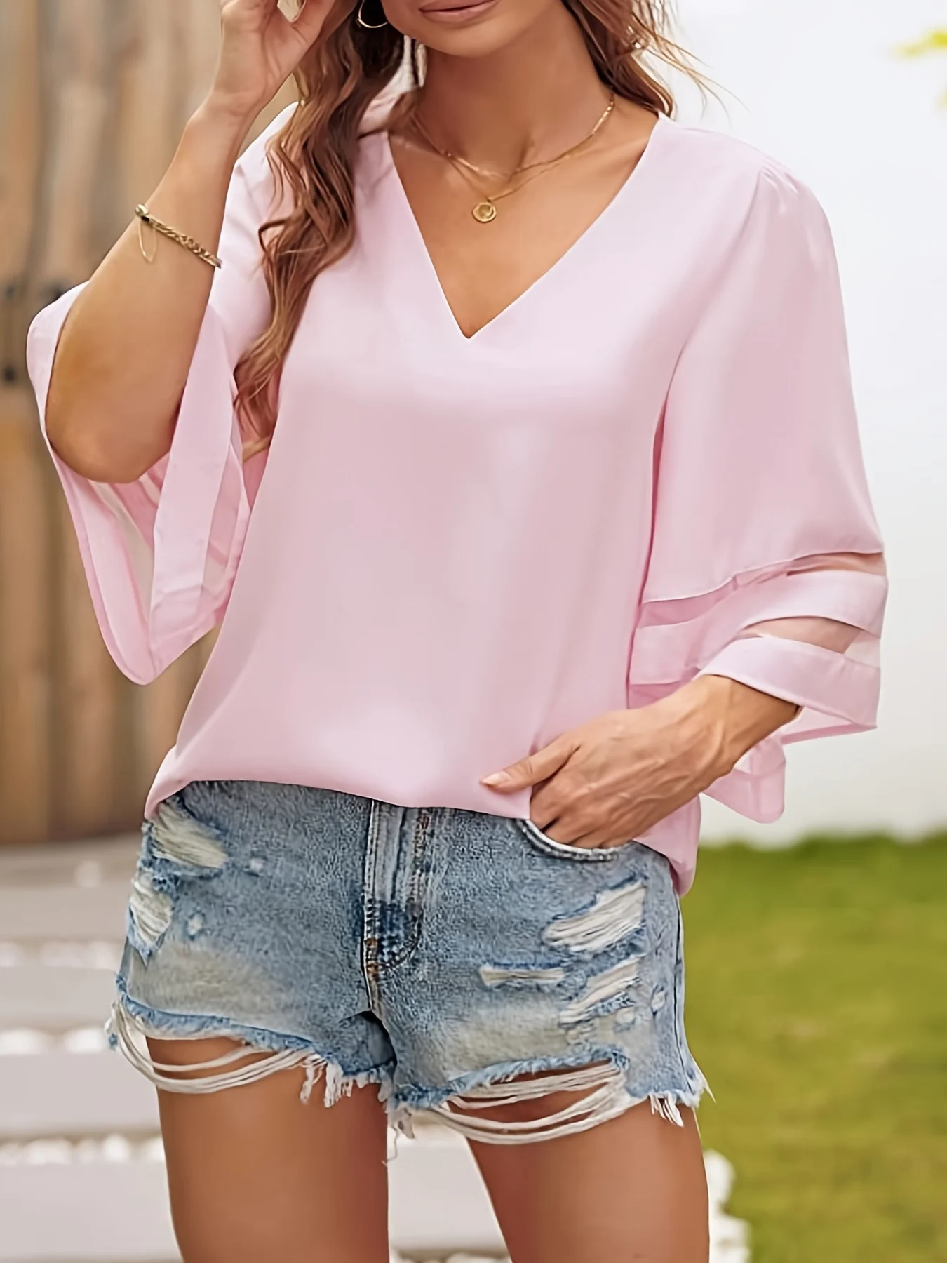 Plus Size nowe damskie letnie luźne dekolt w szpic bluzki damskie doszywana siatka 3/4 rękaw casualowa bluzka damska bluza