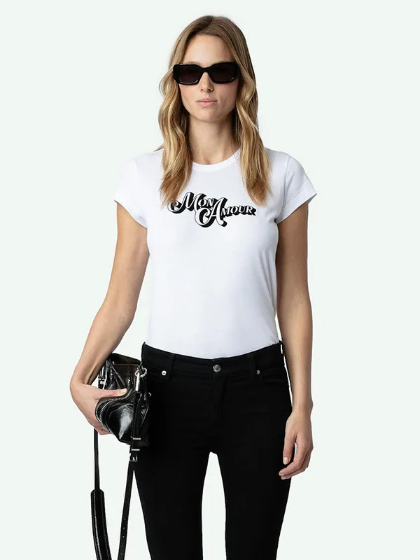 

Новая весенняя женская облегающая белая футболка ort Sve с принтом ZV Letter MON AMOUR, хлопок для поездок на работу Sle