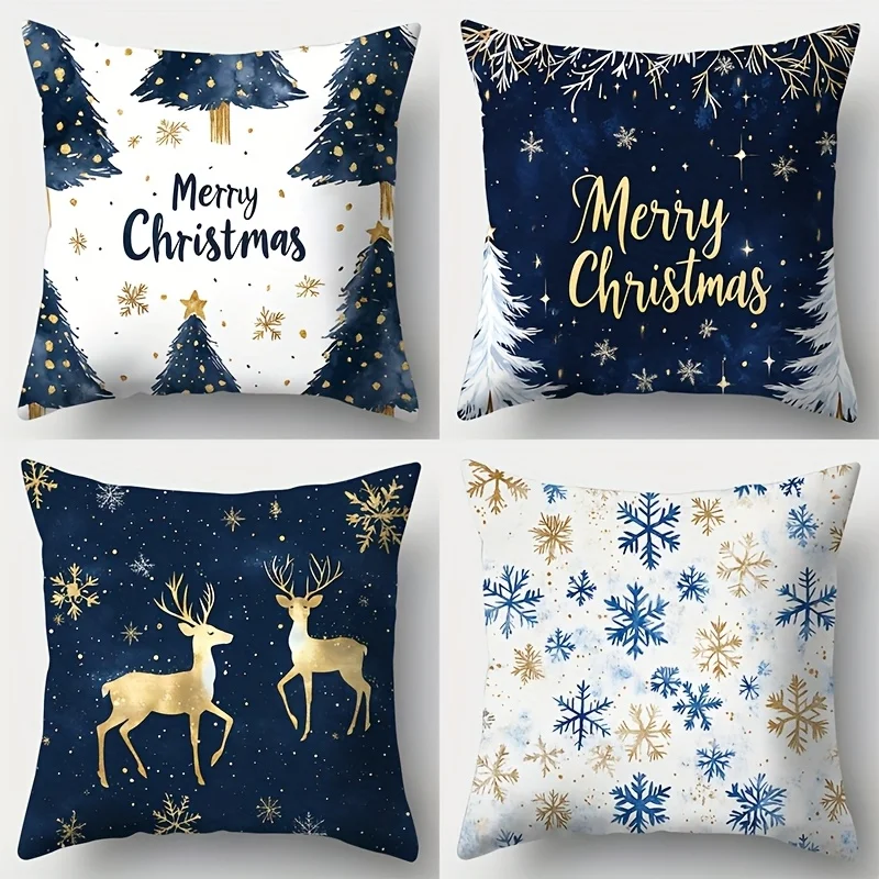 Juego  4 piezas, fundas  almohada naviñas, copos  nieve azules, fundas  almohada  ciervo dorado, 17,7