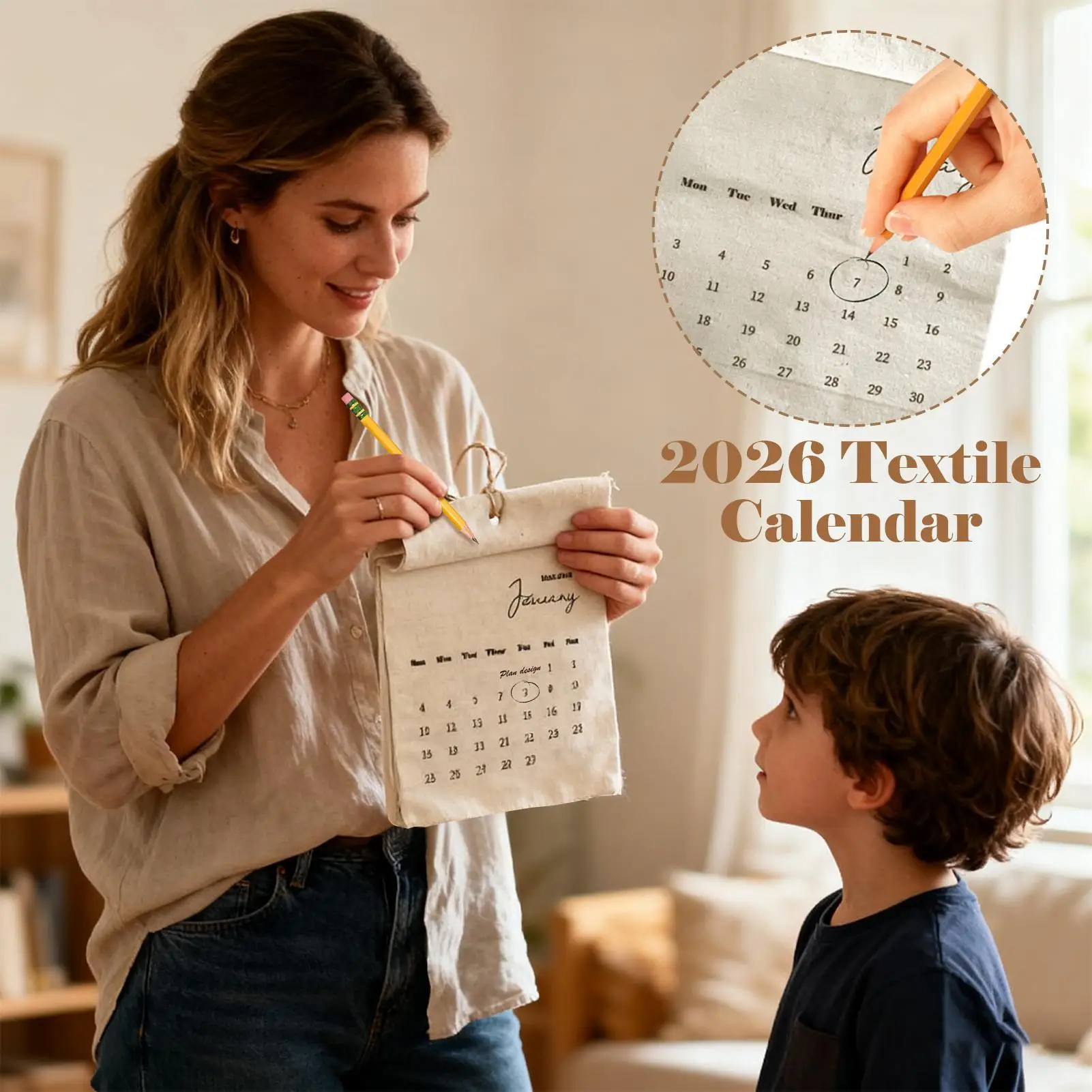Calendrier mural en tissu 2026, planificateur textile réutilisable de 12 mois avec poches pour l'étude de bureau à domicile, décoration murale écologique