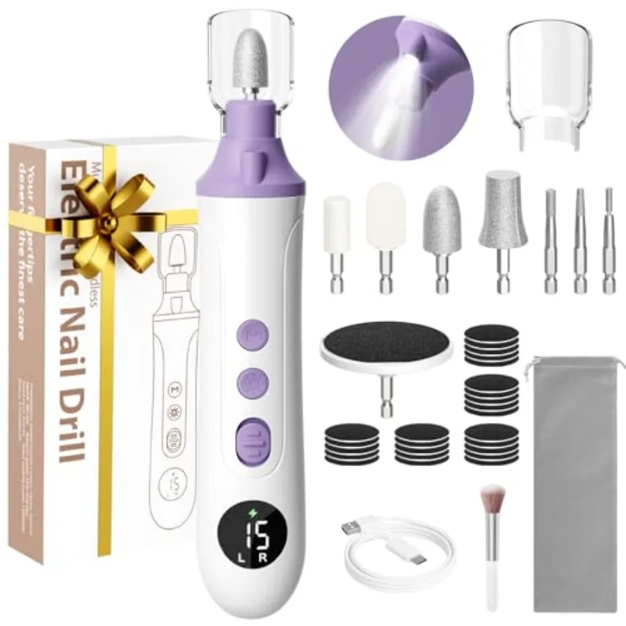 

Professional Manicure Pedicure Kit Cordless Electric Nail File with LCD and Lamp Rechargeable Toenail Grinder for Thick Toenail