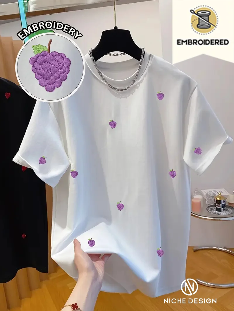 

Женская белая футболка с вышивкой и фиолетовым виноградом — повседневный летний топ на каждый день, повседневная рубашка для женщин, которую можно стирать в машине