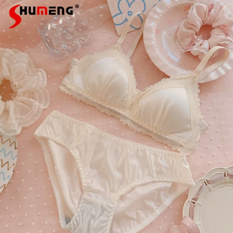 サテンフレンチレースブラセット女性用ソフトシンプル小胸ブリーフスーツ女性和風甘いかわいいセクシーな下着