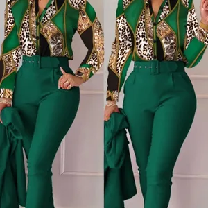 مجموعات بدلة أنيقة مطبوعة من قطعتين للنساء ربيع الخريف على شكل حرف V قميص طويل الأكمام أعلى وسراويل طويلة مع حزام ملابس العمل أفضل 12 مجموعة اجتماعية للمبيعات والبلوزات - No10