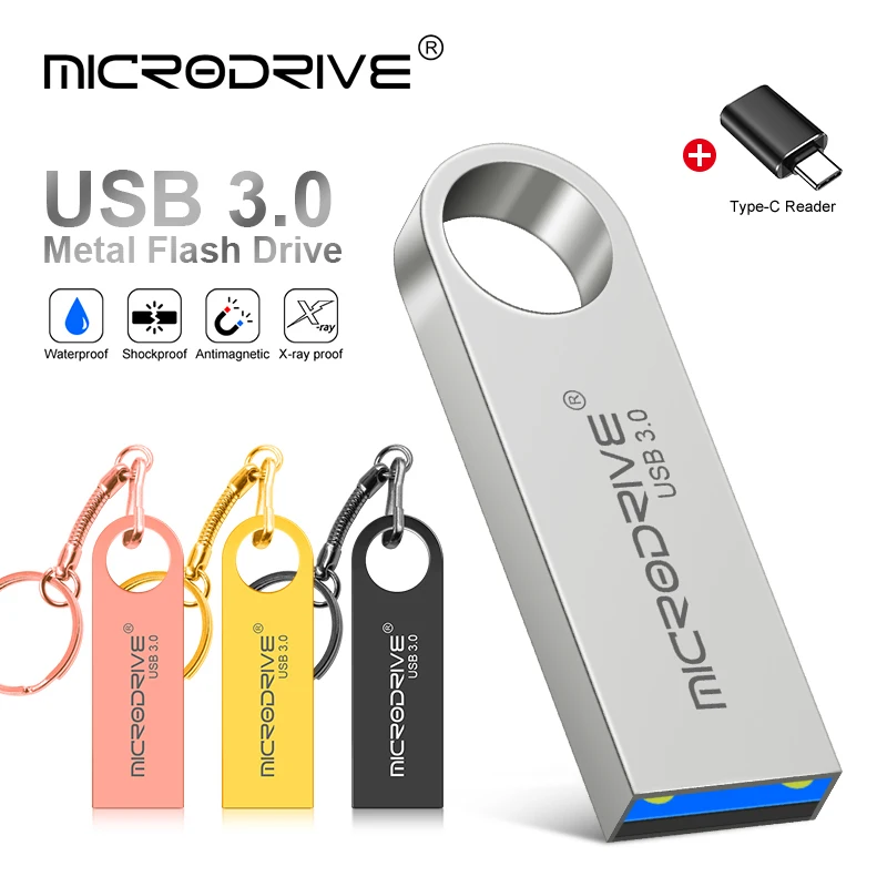 Unidad flash USB 3,0 de metal, memoria USB de 16GB, 32GB, 64GB, 128GB, capacidad real, memoria USB con llavero + TYPE-C