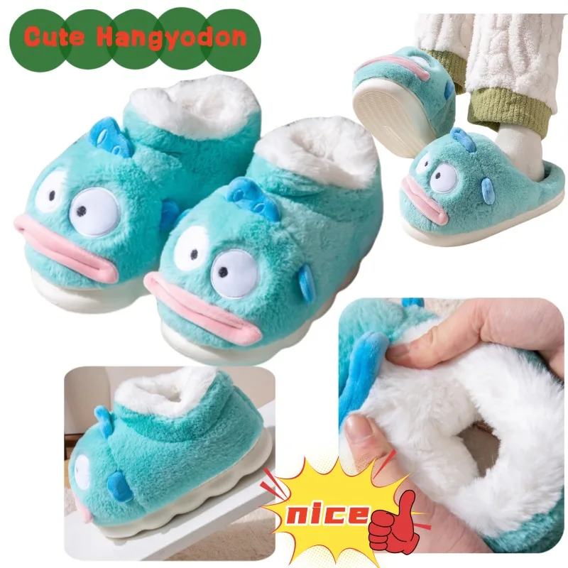

Sanrio Hangyodon/мультяшные хлопковые тапочки, зимние нескользящие парные милые плюшевые тапочки с высоким берцем, хлопковая обувь для мужчин и женщин