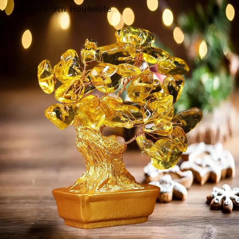 19cm 14cm Delicate Yellow Crystal Money Tree Ornament Home Office Shop Feng Shui Art Decoration Tabletop Lucky Wealth Tree