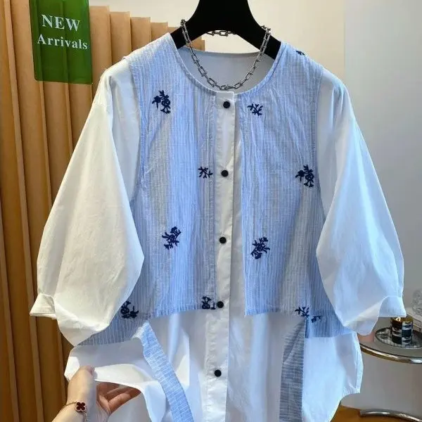 

Loose Men's Short Sleeve Shirt Patchwork Fake Two-Piece Summer Big Size 300 Pounds Korean Style Top Breathable Polyester