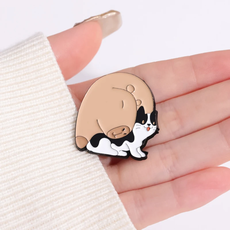 Cute Capybara Turtle Cat Enamel Pins Custom Animals Living In Harmony Brooches Lapel Badges Animal Jewelry Gift for Kids Friends
