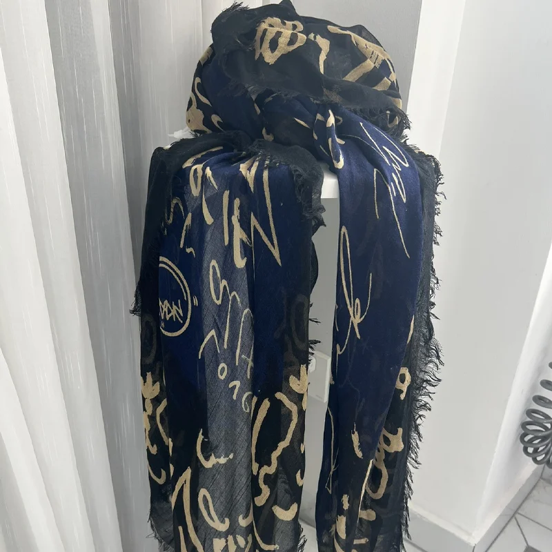 Zadig Navy Blue Scarves Women Chic Letter Scarf Luxury Female Shawl Black Polyester Square Shawl Sun Protection Headscarf