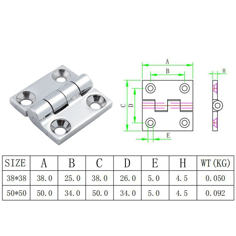 2PCS 316 Stainless Steel Butt Hinge With 4 Holes 38mm 50mm Mirror Polish Heavy Duty Marine Boat Hardware Hinges