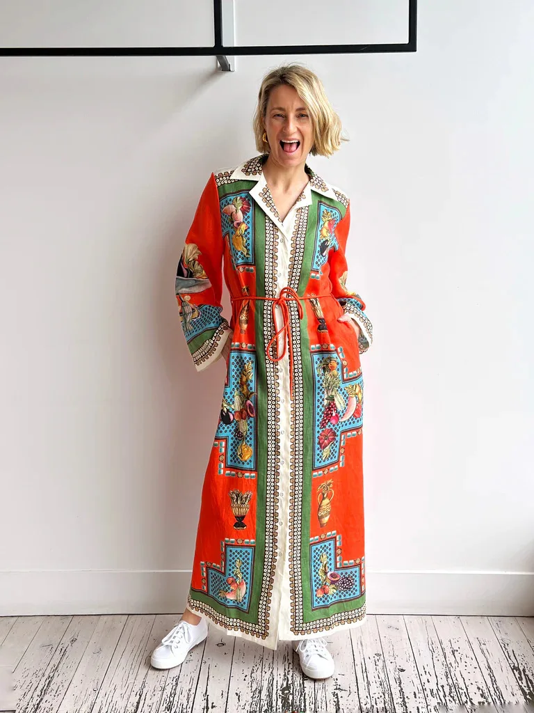 

Faionable Printed Long Sve Dr with Belt Loose Waist A-Line Skirt Vintage Sle Women's Clothing for Autumn Travel Dai...