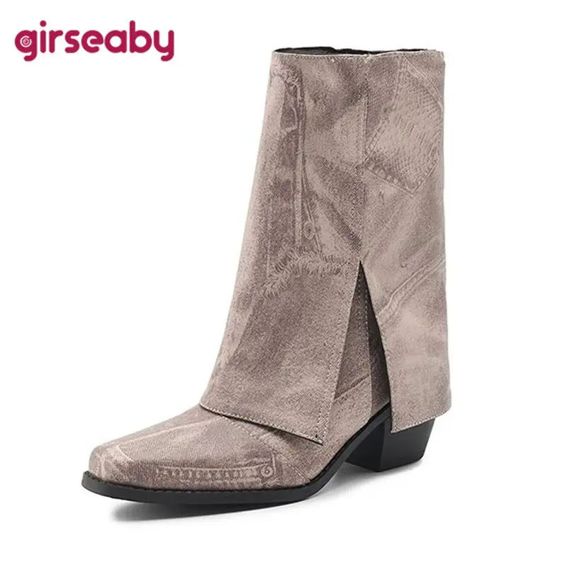 Girseaby New Fashion Women Western Cowboy Boots Square Toe Block Heels 6cm Mixed Color Plus Size 42 43 Casual Women Pants Shoes