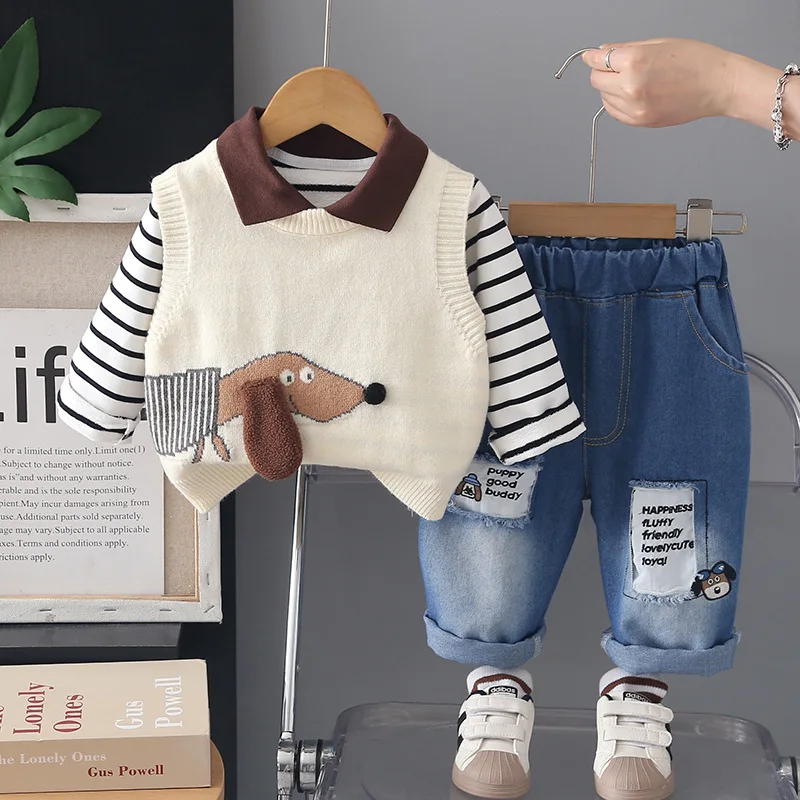 Baby Boy Fall Clothes 2026 Kids’ Clothing Spring Autumn Cute Cartoon Knitted Vest + Striped T-shirts + Pants 3 Piece Outfit Set