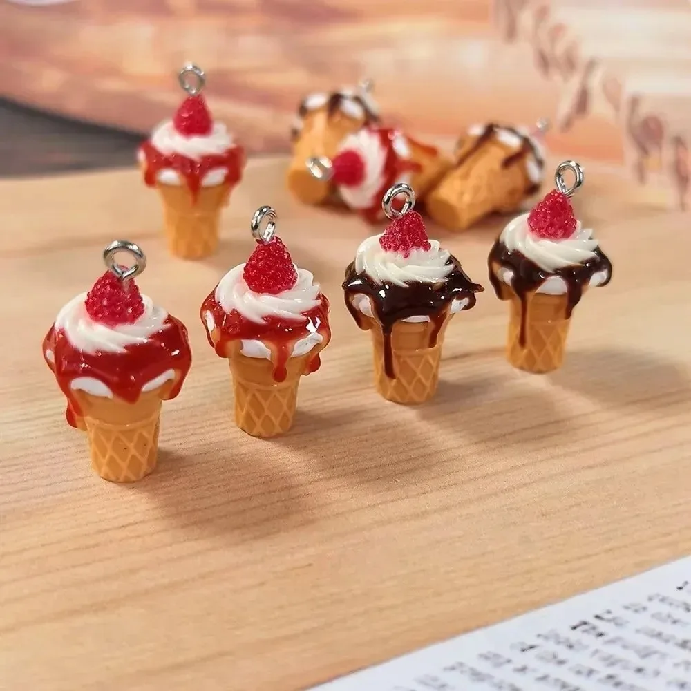 10Pcs 3D Mini Simulation Ice Cream Resin Charms Strawberry Jam Dessert Pendants DIY Craft Findings