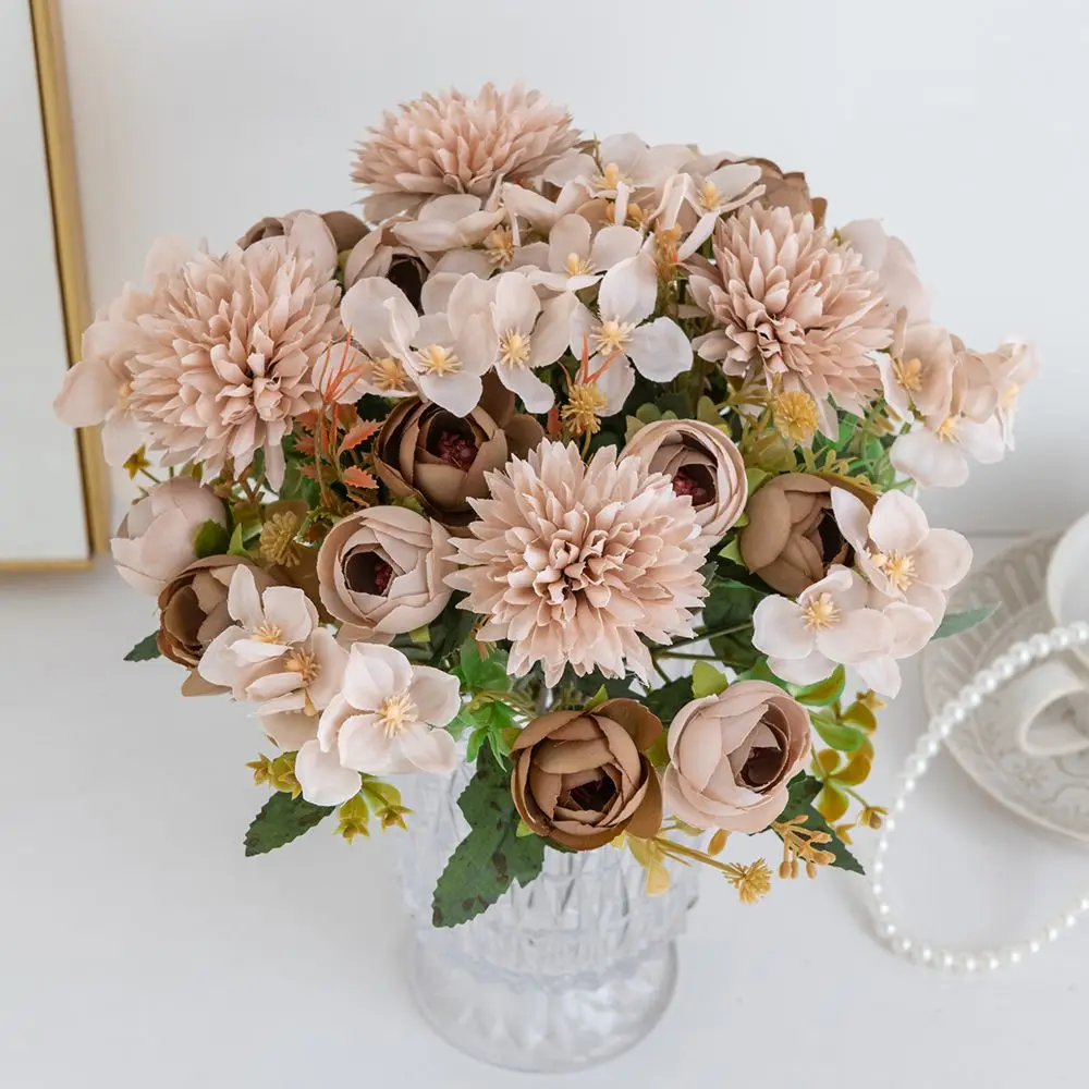 Künstliche Blumen, Teeknospen, Hortensien, Vase für Zuhause, Tisch, Garten, Kranz, Hochzeit, Brautstrauß, Festival, DIY-Geschenk, Requisiten, Dekoration – Detail 5