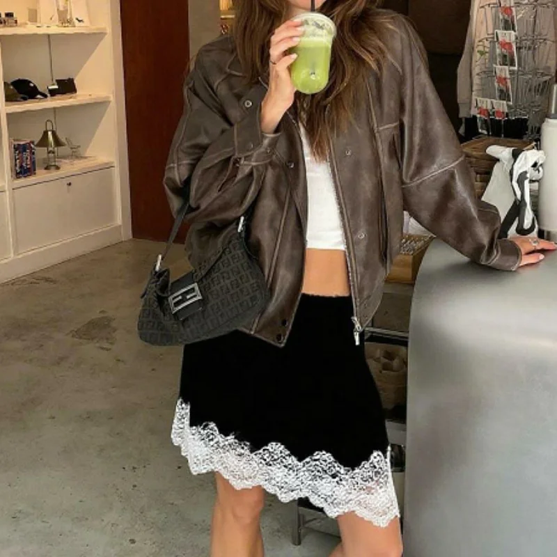 2025 nouvelle mode taille haute jupes décontractées Vintage dentelle Patchwork Satin Mini jupe femmes ample sortie femme jupe Streetwear