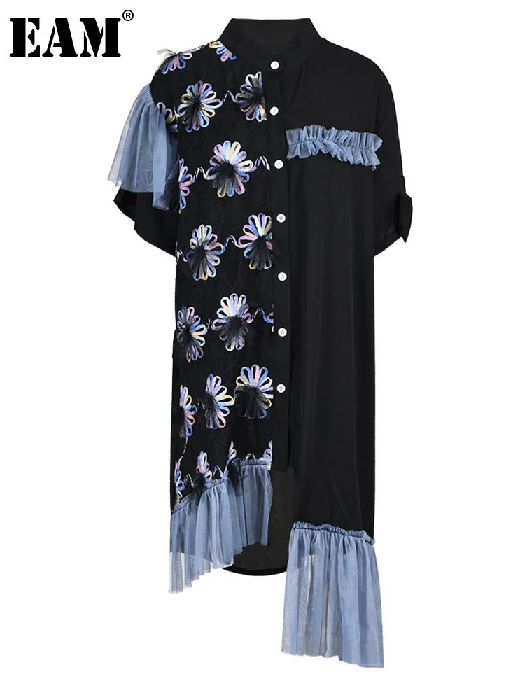 [EAM] Women Black Tassel Irregular Flower Midi Big Size Shirt Dress New Lapel Short Sleeve Fashion Spring Summer 2024 1DF7144