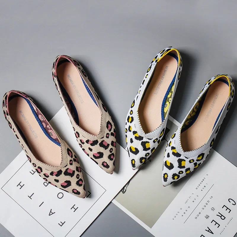 Luxury Women Flats Shoes Knitting Shoes Woman Ballet Flats Fashion Loafers Pointed Slip-On Leopard Print Breathable Boat Shoes